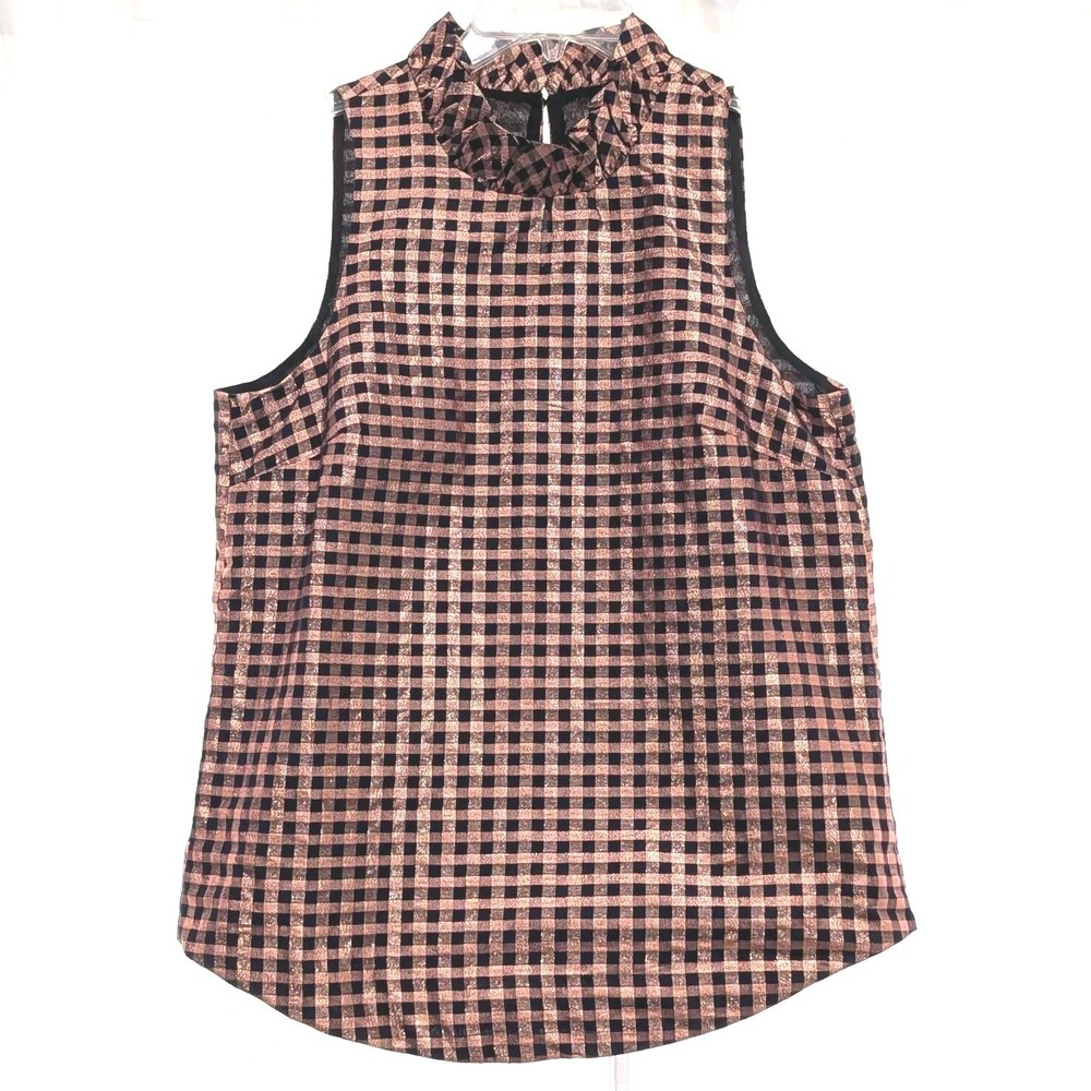 J Crew Ruffleneck Gingham Crinkle Fabric Top XS Black Rose Gold Metallic  Preppy